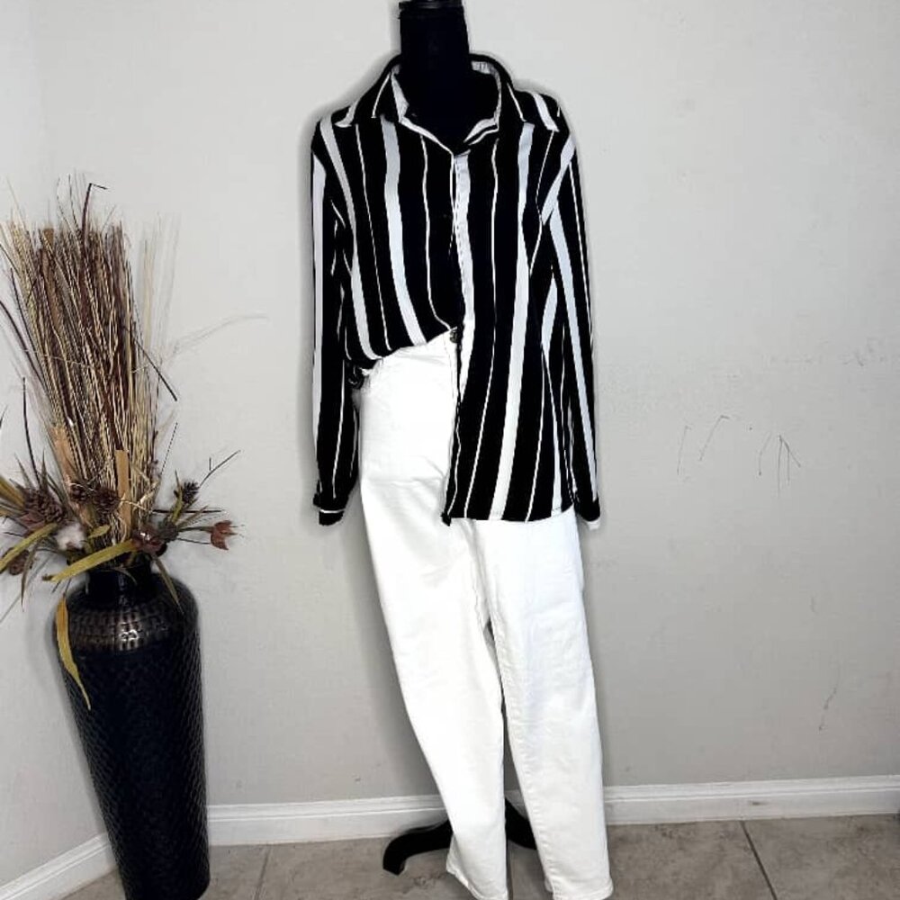 Women's Black and White Striped Button-Down Shirt with White Pants